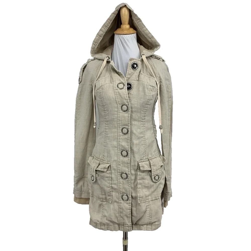 Free People Jacket Womens 0 Beige Ramie Metal Snap Pockets Military Trench Boho